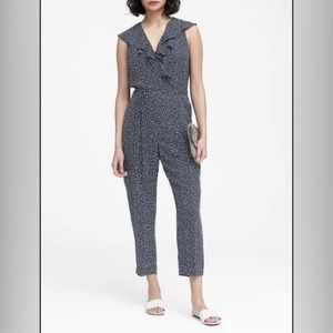 Banana Republic Petite Print Ruffle V-Neck Collar Jumpsuit, Navy/White, Size 6P